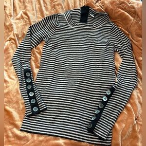 J Crew Mock Turtle Neck Merino Wool Sweater Striped Mother of Pearl Buttons